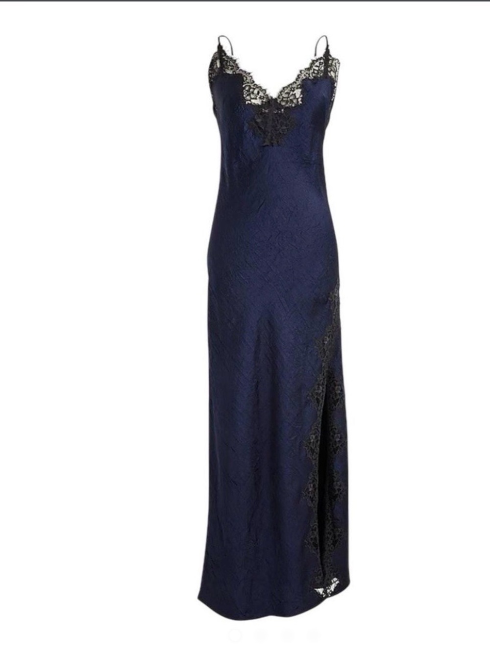 J. Crew Navy Slip Gown with Black Lace Trim